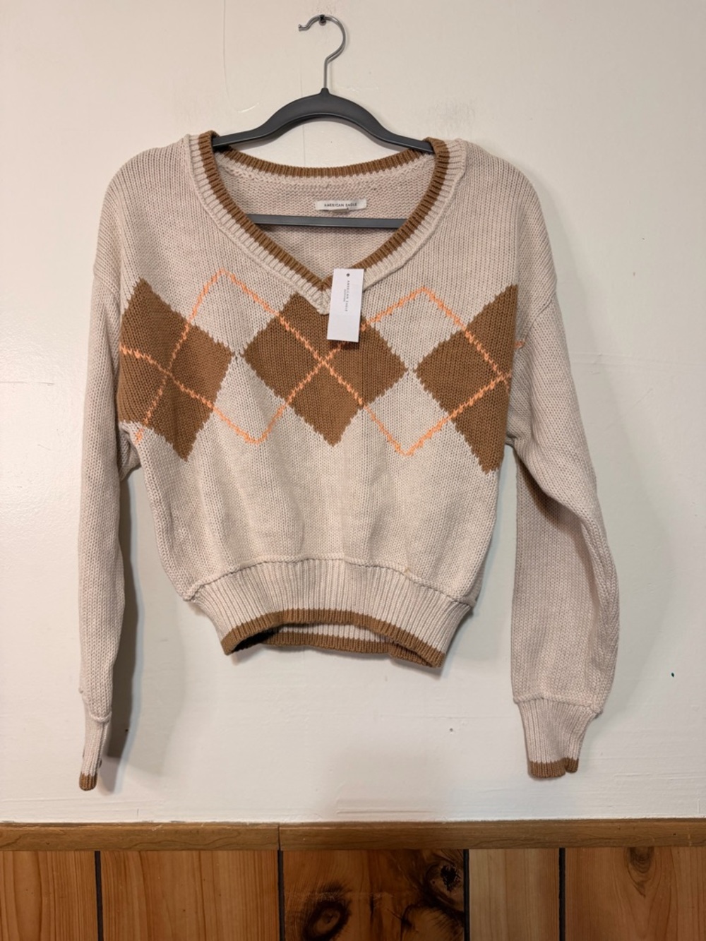 American Eagle Outfitters Beige and Brown Argyle V-Neck Sweater